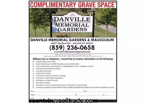 Danville Memorial Gardens & Mausoleum Complimentary Grave Space